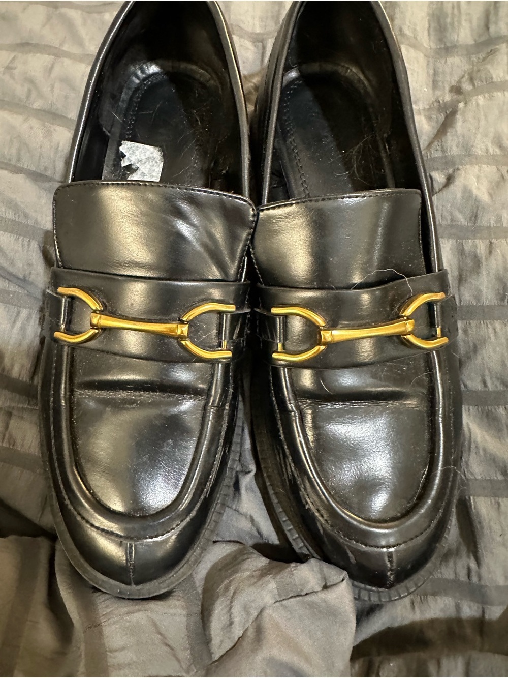 Women’s Black Leather Horsebit Loafers with Gold Accent